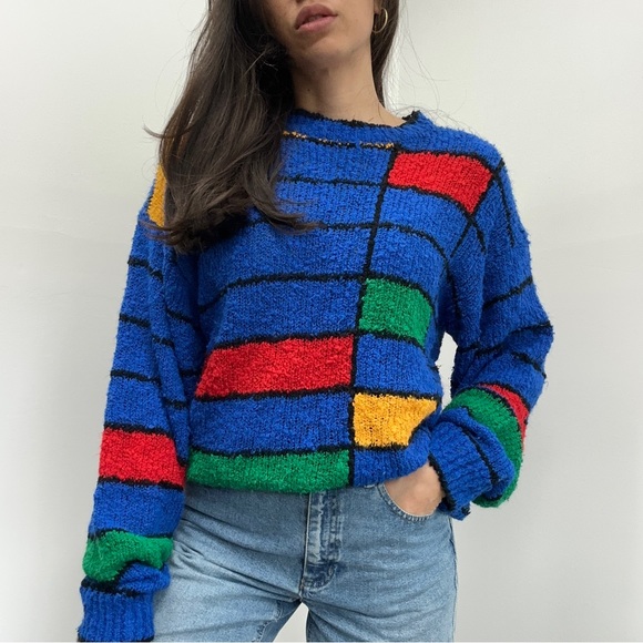 Gitano Sweaters - ⛔️SOLD⛔️Vintage Gitano 80’s Blue Color Block Chunky Knit Crew Neck Sweater Size